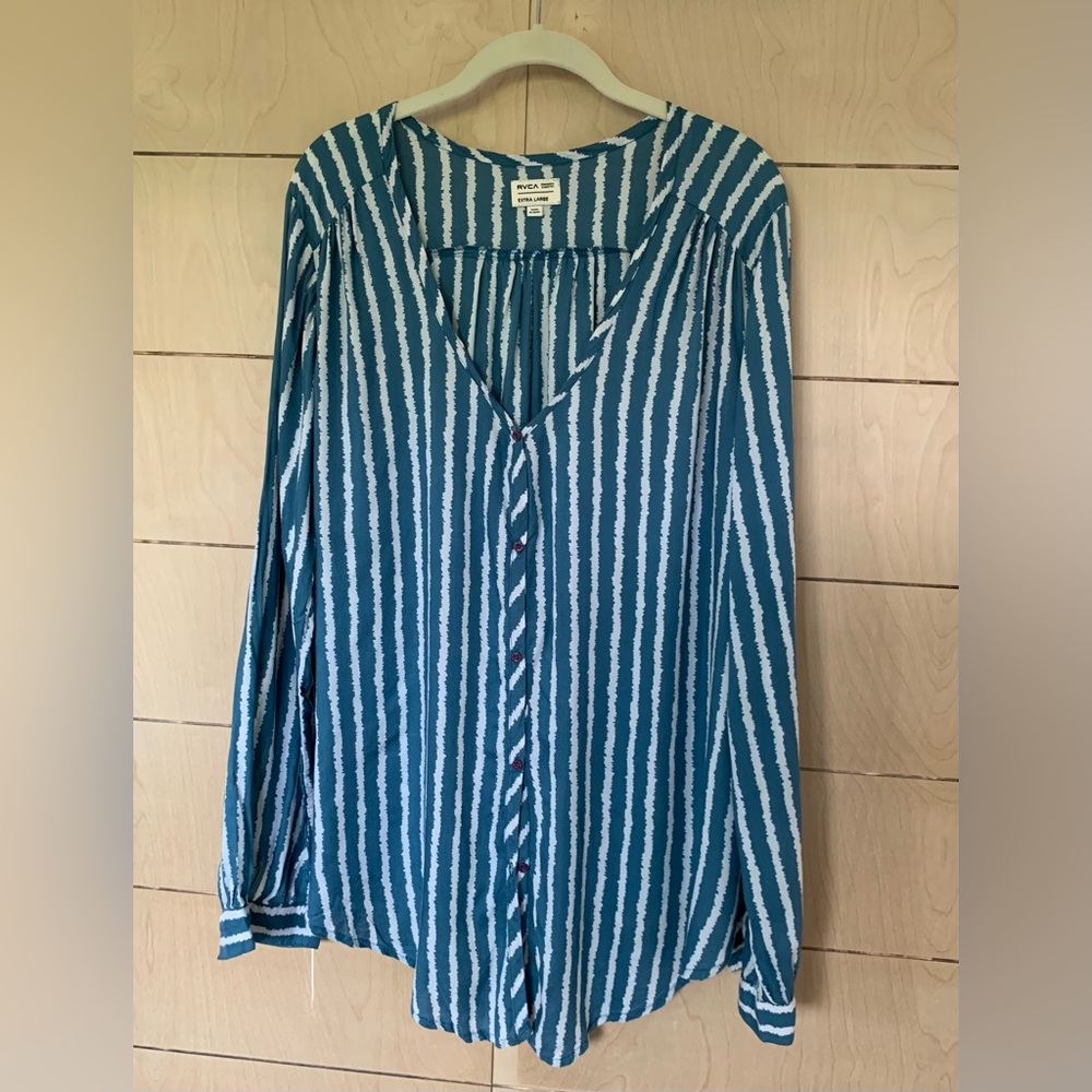 RVCA Teal and White Striped Blouse